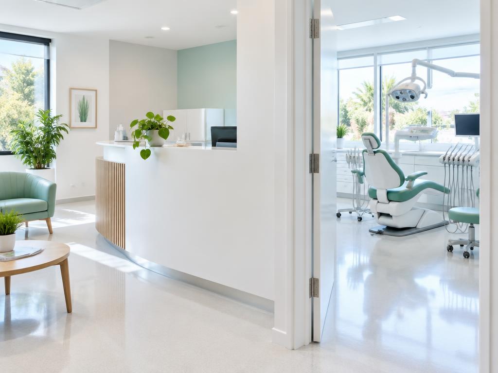 Bright, freshly cleaned dental practice reception and treatment room