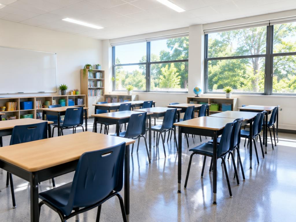 Neat desks and spotless floors in a bright school classroom